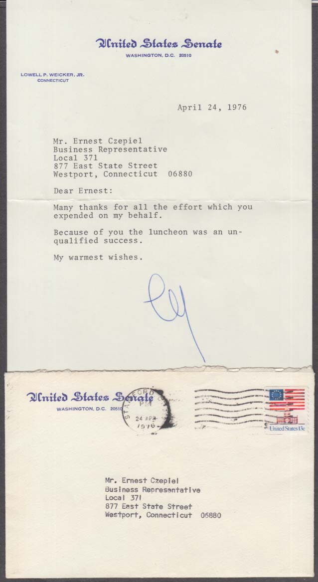 Senator Lowell P Weicker Letter Of Thanks Signed 1976