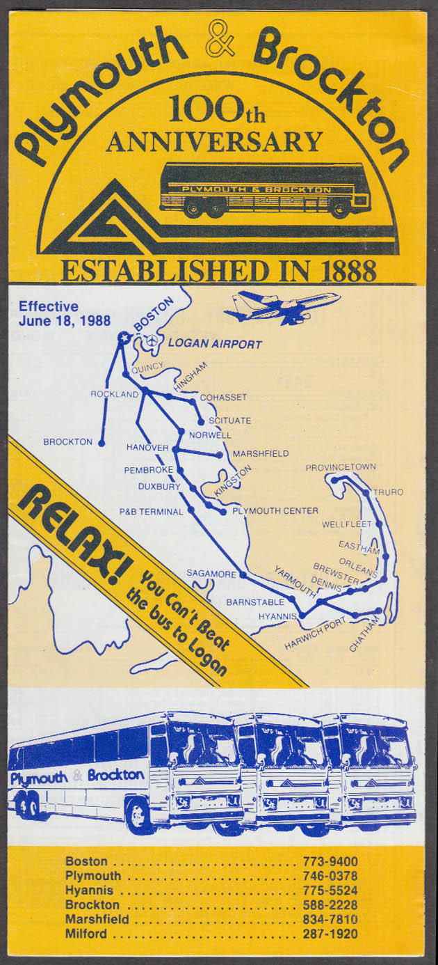 Plymouth & Brockton Street Railway Bus Schedule 6/18 1988 Boston-Cape Cod