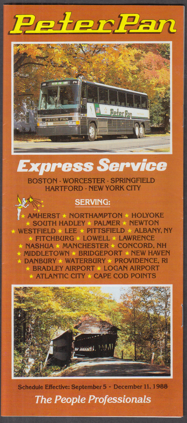 Peter Pan Bus Schedule Express Service 9-12 1988 Boston-Hartford-NY