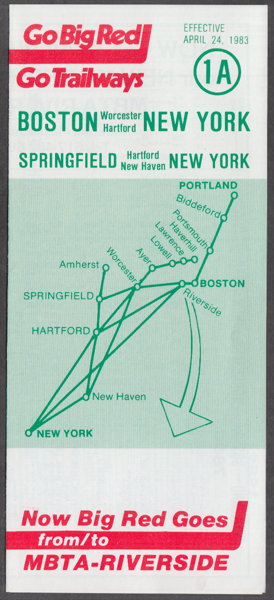 Trailways Bus Schedule Boston-Hartford-Springfield-NYC 4/24 1983