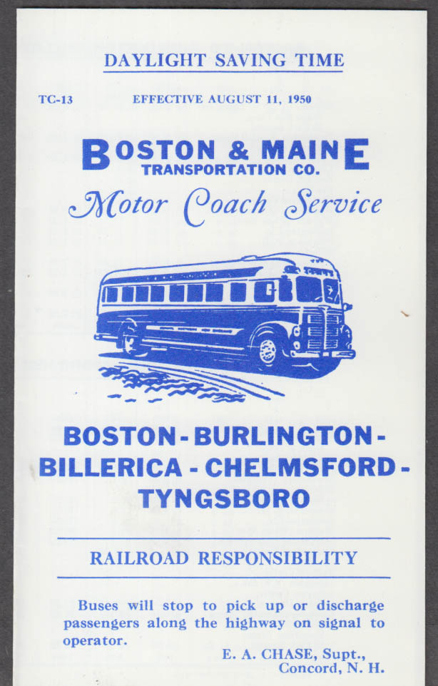 Boston & Maine Motor Coach Service bus schedule 8/11 1950 BostonTyngsboro