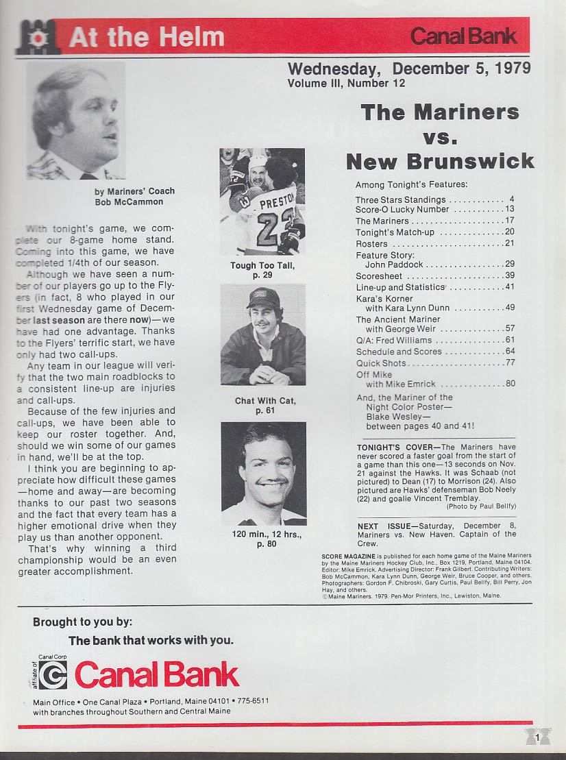 SCORE Maine Mariners Magazine Program vs New Brunswick Hawks AHL Hockey 1979