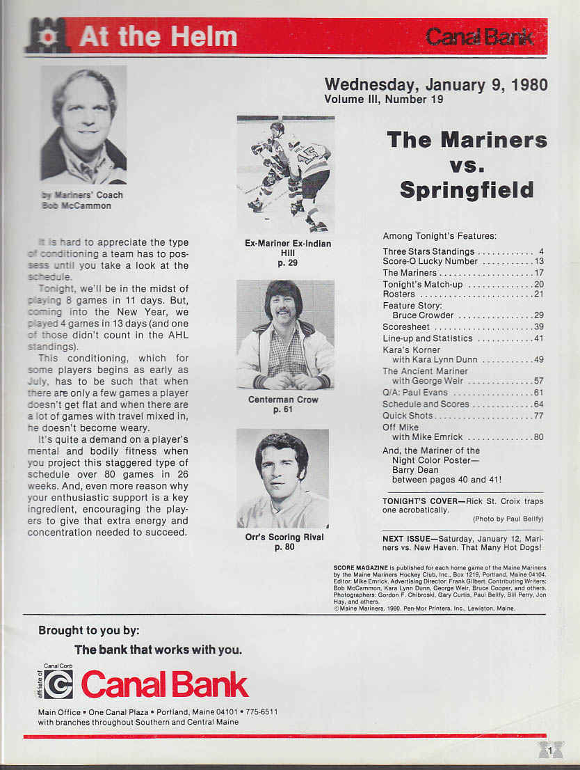 SCORE Maine Mariners Magazine Program vs Springfield AHL Hockey 1979