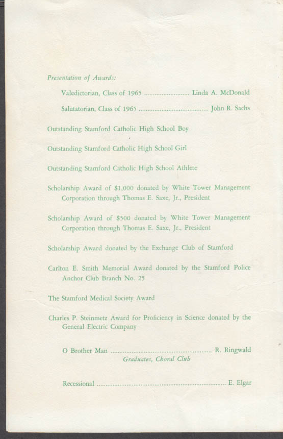 Stamford Catholic High School Commencement Exercises Program 1965 CT