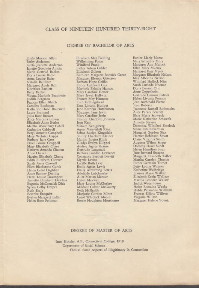 Connecticut College Commencement Exercises Program 1938