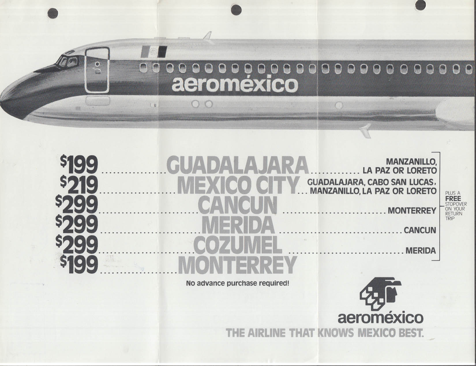 Aeromexico Lowest Roundtrip Airfares from Los Angeles mailer 1983