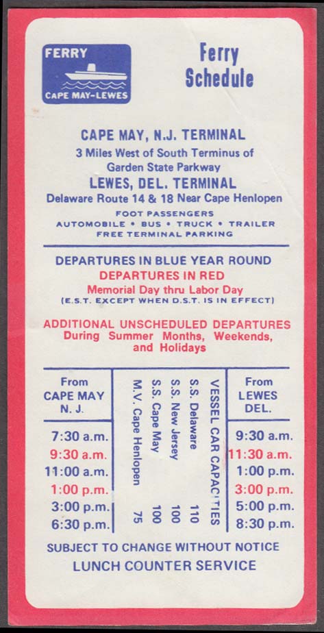 Cape May NJ - Lewes DE Ferry Schedule 1 1971