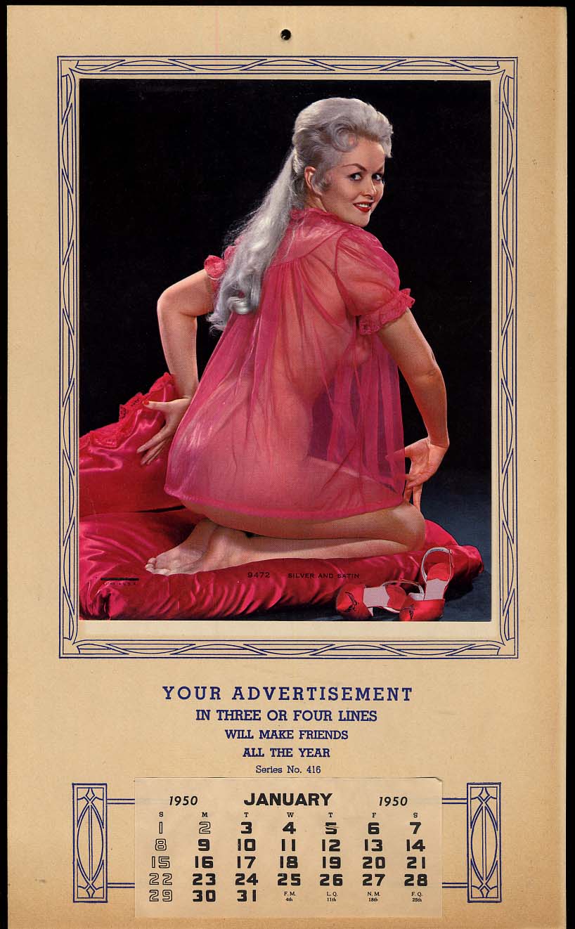 Silver And Satin Platinum Blonde Pink Negligee Pin Up Calendar Sample 1950