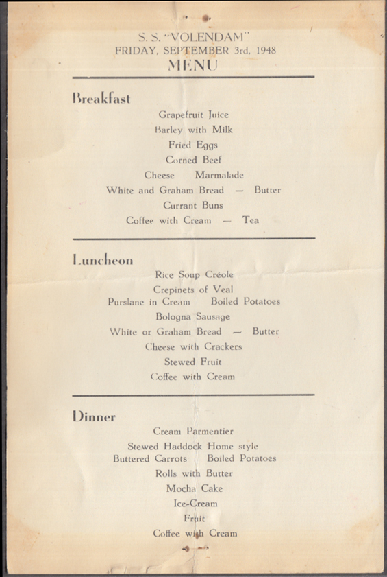 Holland America Line S S Volendam Daily 3-meal Menu Card 9 3 1948