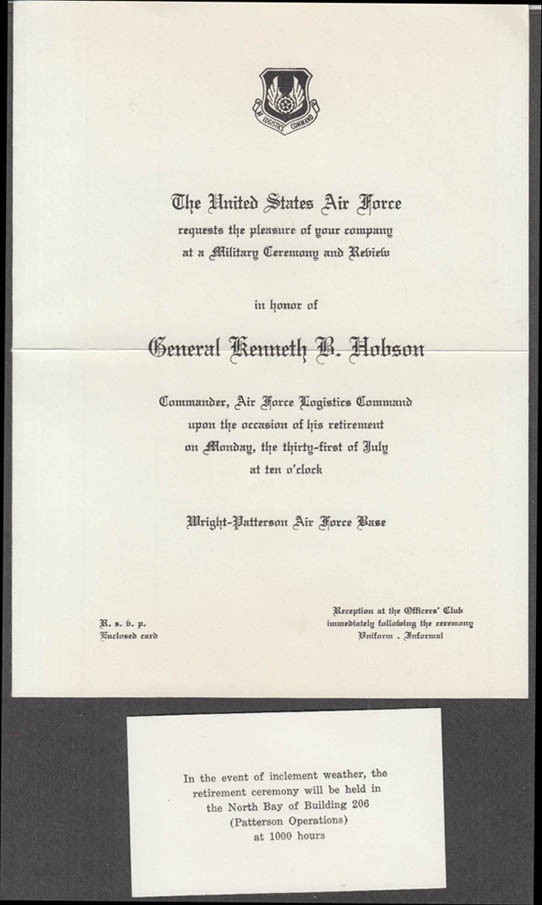 USAF General Kenneth B Hobson Retirement Ceremony Invitation 1967