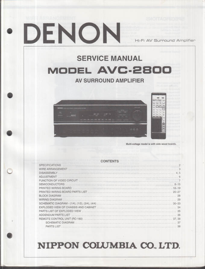 ORIGINAL Service Manual: Denon Model AVC-2800 AV Surround Amplifier