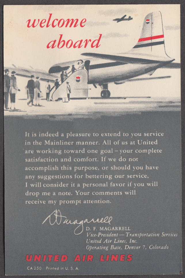 United Air Lines Welcome Aboard Card Dc-7 Mainliner 1950s