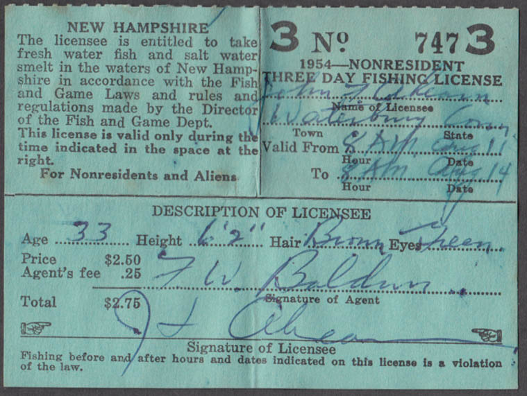 State of New Hampshire NonResident 3Day fishing license 1953