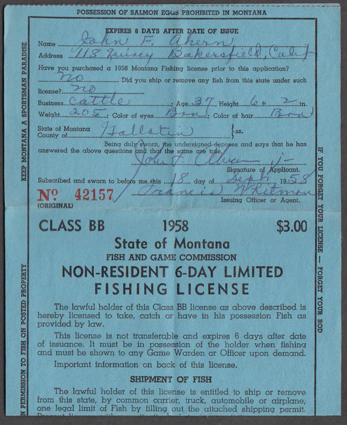 State of Montana Nonresident 6Day Limited Class BB fishing license 1958