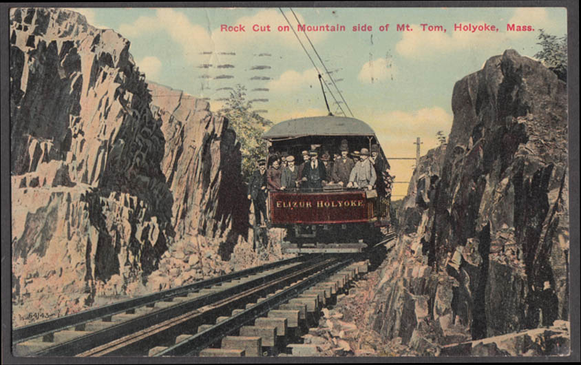 Elizur Holyoke Streetcar Rock Cut Mt Tom Ma Postcard 1912