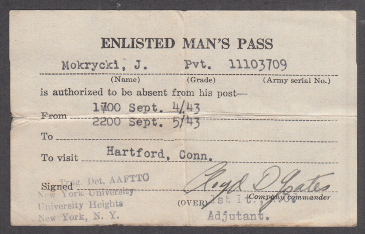 U S Army Enlisted Man's Pass Usaaf Ttc New York University 1943