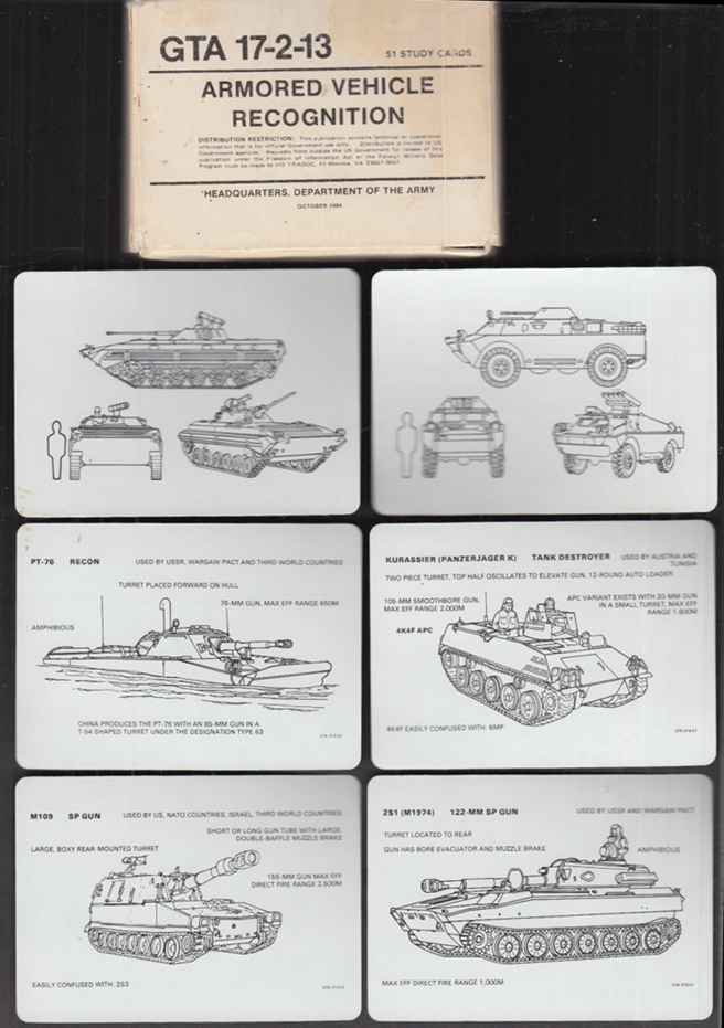 HQ US Army GTA 17-2-13 Armored Vehicle Regonition deck of cards 10 1984