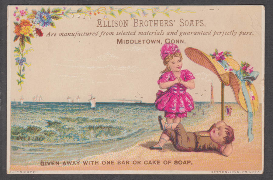 Allison Brothers Soap Middletown CT trade card kids on beach 1880s