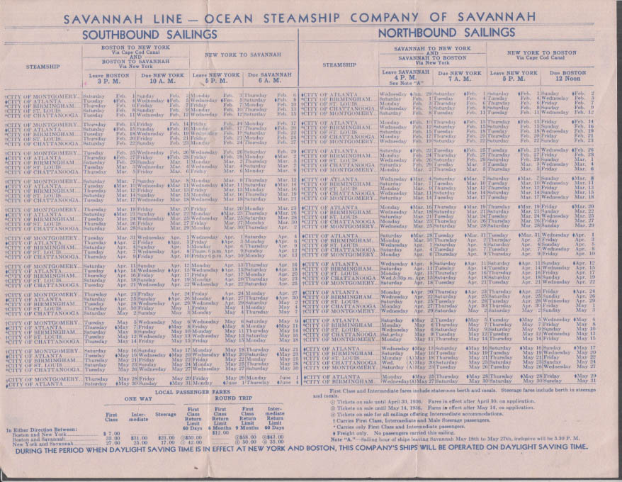 Ocean Steamship Company Savannah Line Sailing Schedule 1936