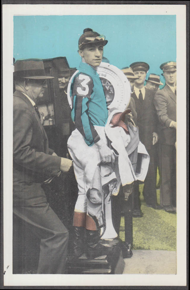 Jockey Eddie Arcaro at Belmont Park Race Track postcard ca 1950s