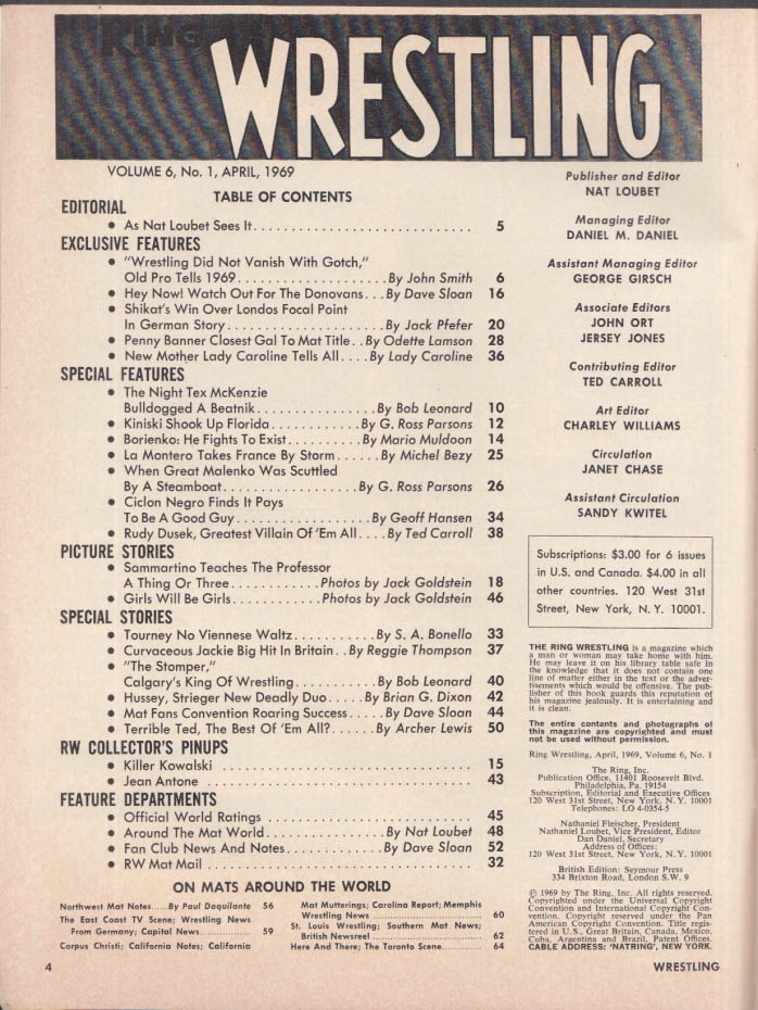 The RING WRESTLING 4 1969 Lady Caroline; Sammartino Kiniski Malenko ...