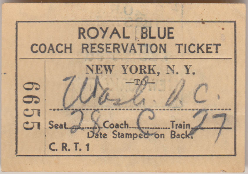 Baltimore Ohio Royal Blue Streamliner Coach Reservation Ticket