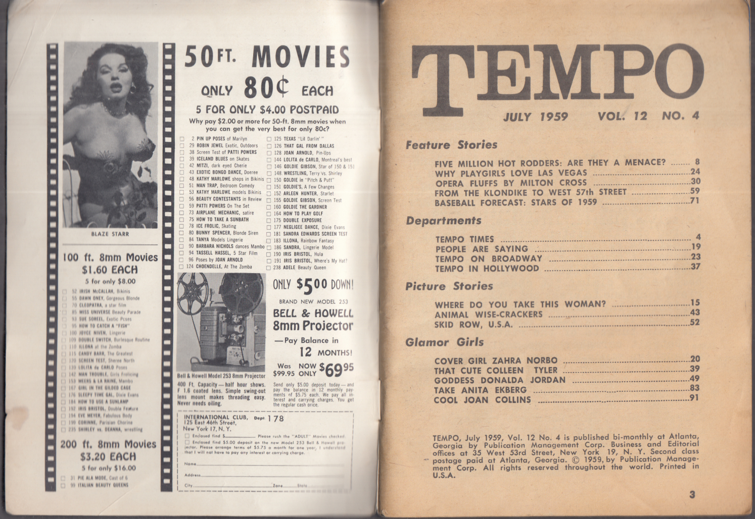 TEMPO 7 1959 Hot Rodders Zahra Norbo Vegas Joan Collins Anita Ekberg  Baseball