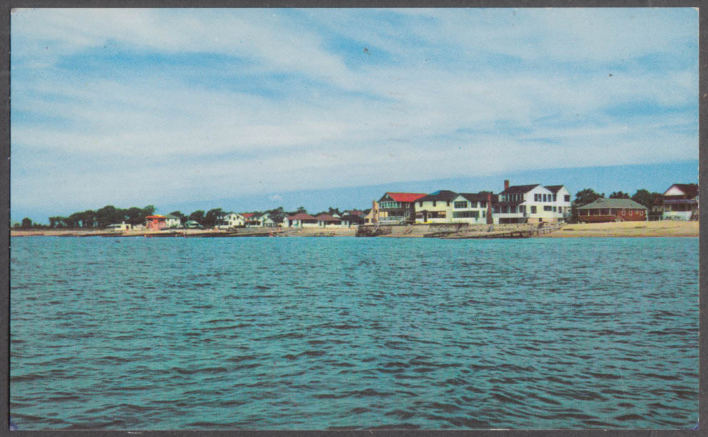 View from the water of White Sands Beach CT postcard 1957