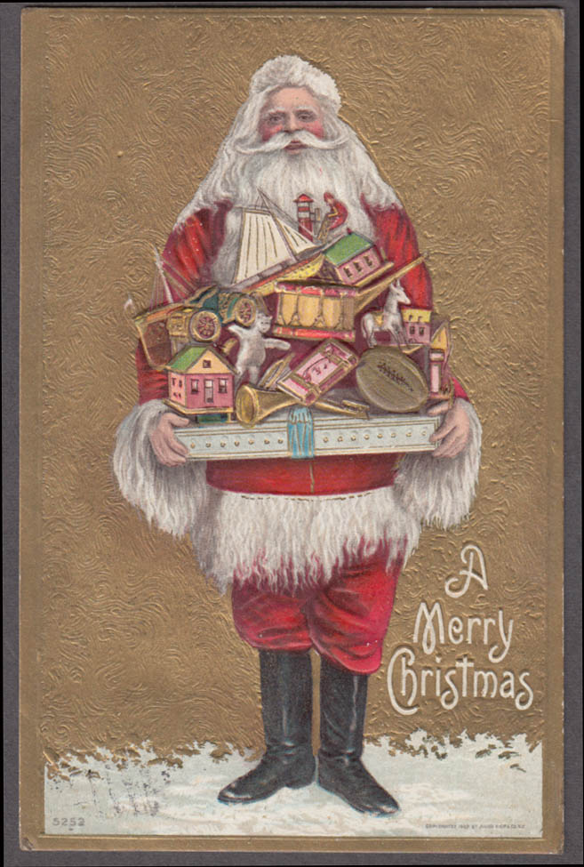 Santa Claus Christmas Postcard 1910 Holds Tall Stack Of Presents; No Cap