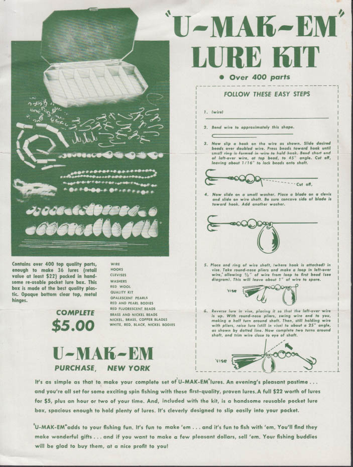U-MAK-EM Fishing Lure Kit sell sheet mailer Purchase NY c 1950s