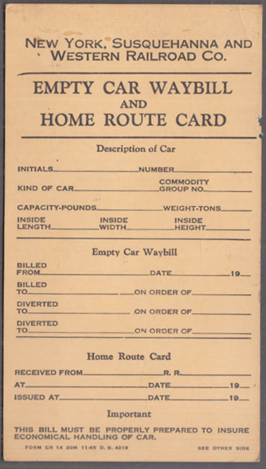 New York Susquehanna & Western Rr Empty Car Waybill & Home Route Card 1965