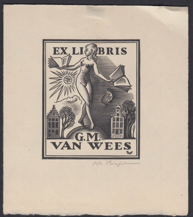 Ex Libris Bookplate Proof M Van Wees SIGNED By Artist Nude Figure Ca 1960s