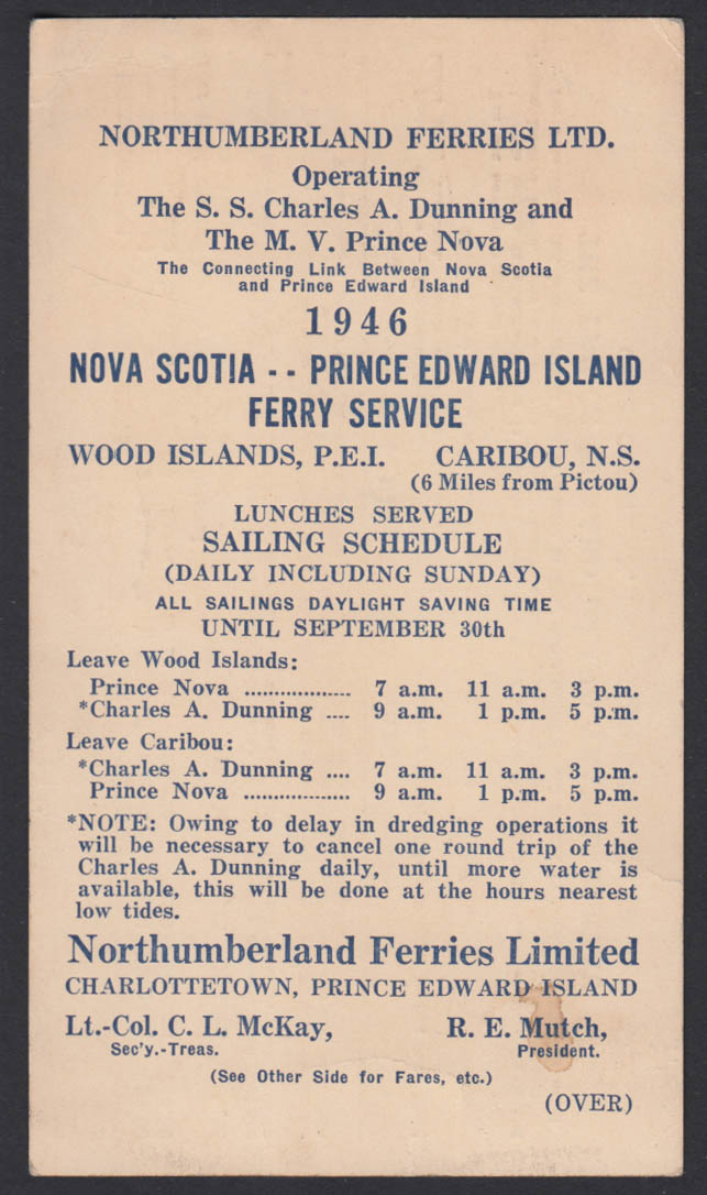 Northumberland Nova Scotia-PEI Ferry Service Schedule Card 1946