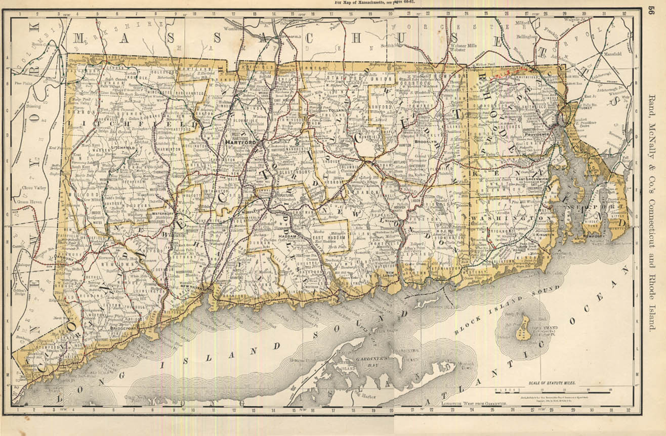 Connecticut & Rhode Island Rand Mcnally Color Map Showing Railroads 1888