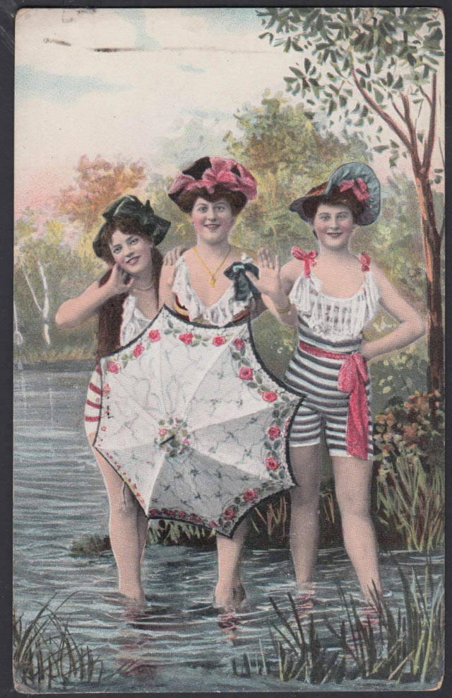 Three Bathing Beauties With Parasol Wading Comic Postcard C