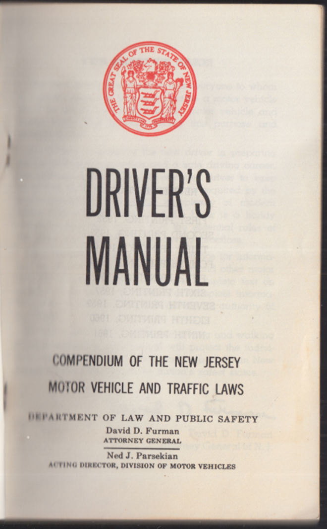 State of New Jersey Driver's Manual 1961 Motor Vehicle & Traffic Laws