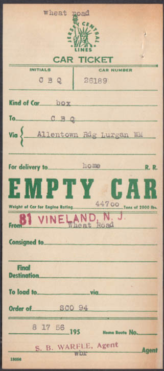 Jersey Central Lines Rr Empty Car Ticket Cb&q Box Car Allentown &c 1956