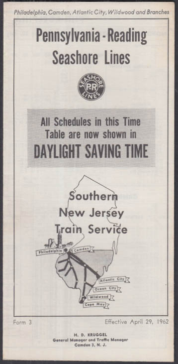 Pennsylvania Reading Seashore Lines Railroad Timetable 4 29 1962