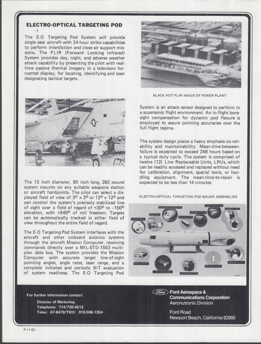 Ford Aerospace Electro-optical Targeting Pod Information Sheet 1983 F A 