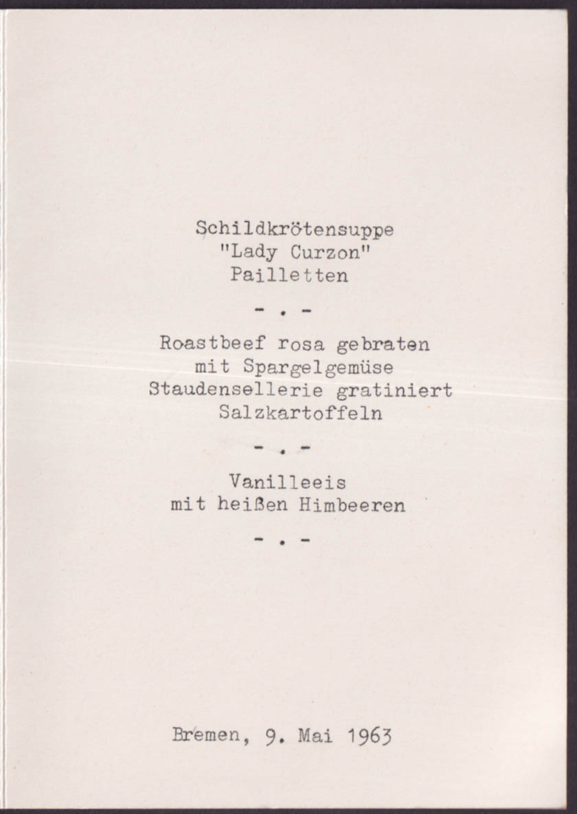 Parkhotel Bremen Germany Menu 5 9 1963 Turtle Soup Roast Beef &c