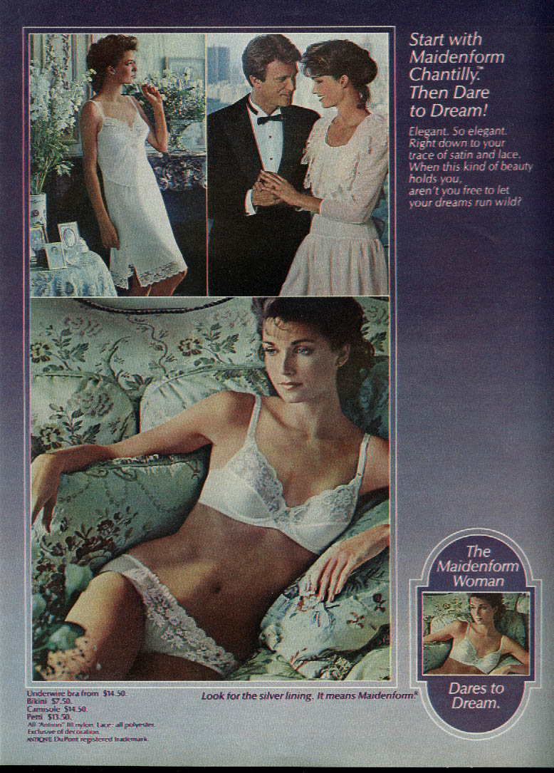 Start with Maidenform Chantilly bra panties slip. Then dare to dream ad 1984