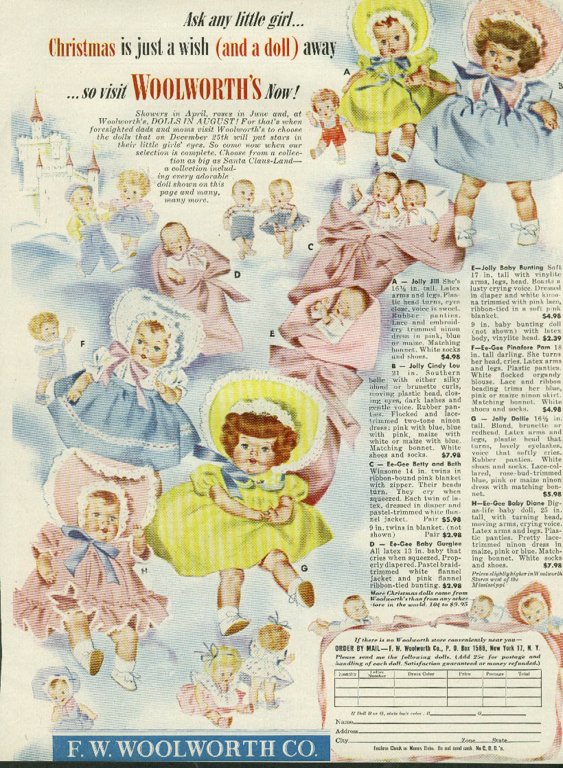 Woolworths Christmas Doll Ad 1951 Ee Gee Betty And Beth Gurglee Jolly Jill 0415