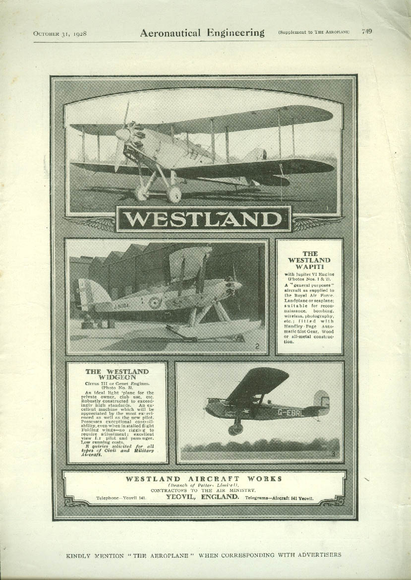 Westland Aircraft Wapiti Jupiter V & Widgeon Cirrus Or Genet Engine Ad 1928