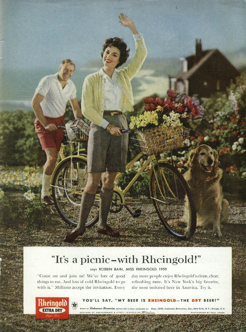 Miss Rheingold Beer Robbin Bain Ad 1959 Bicycle Flowers Golden Retriever