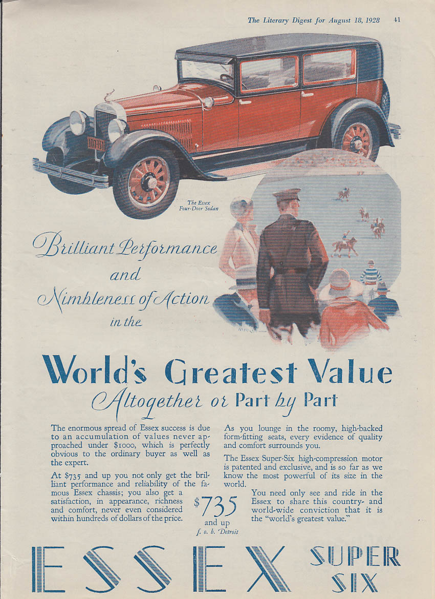 1928 - Essex Super Six 4 Door Sedan Automobile Advertisement