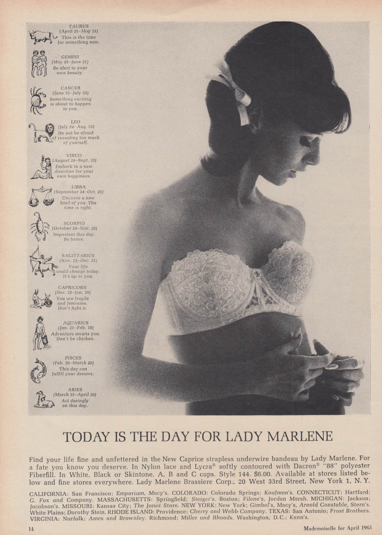 Today is the day for Lady Marlene New Caprice Strapless bra ad 1965 Mlle