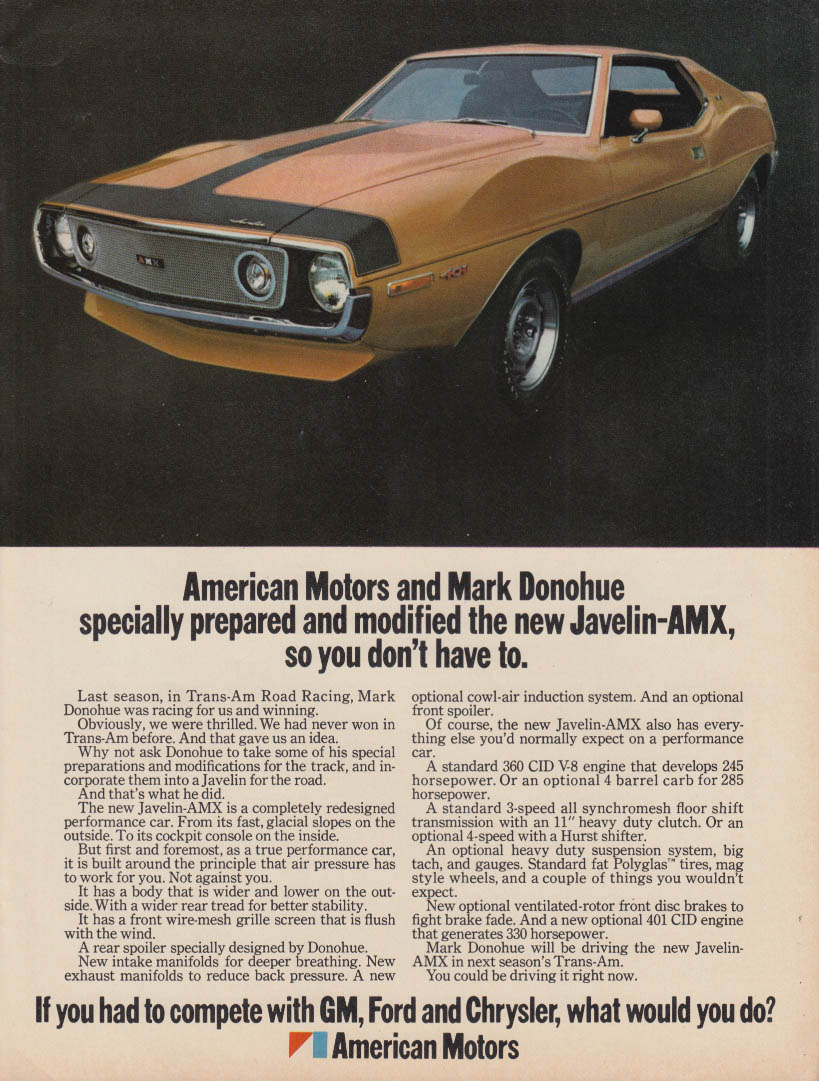 American Motors & Mark Donohue Modified Javelin-amx Ad 1971 Mt