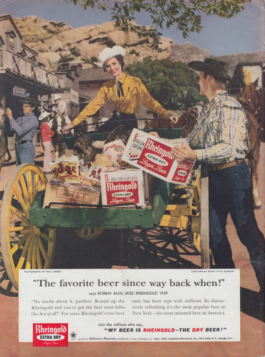 Miss Rheingold Beer Robbin Bain Ad 1959 Cowgirl Outfit Western Town