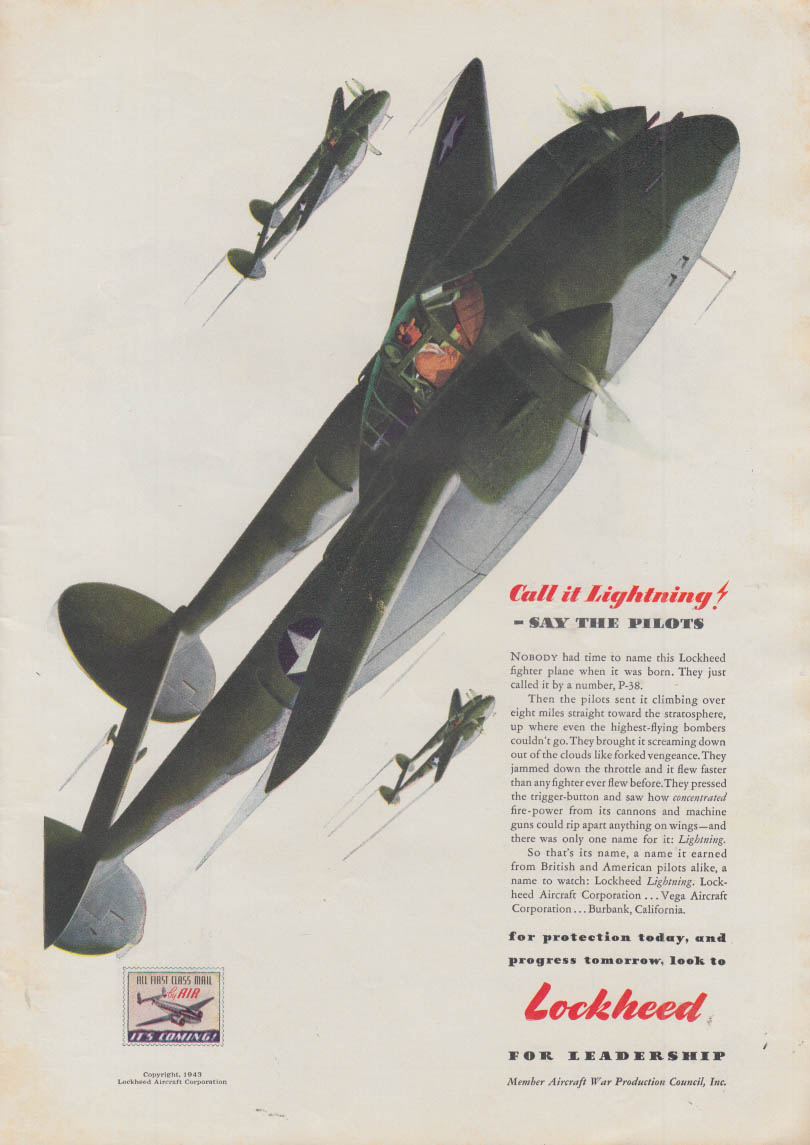 Call It Lightning Say The Pilots Lockheed P 38 Lightning Ad 1943 T