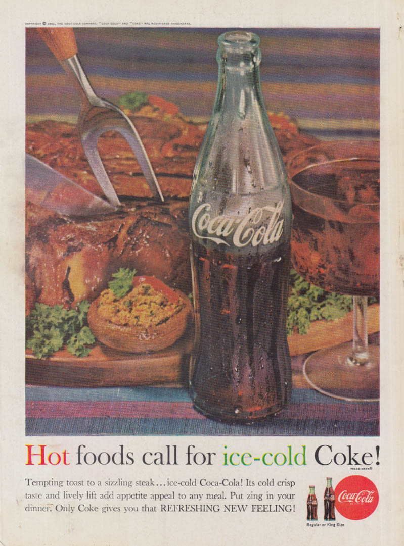 Hot Foods Call For Ice-cold Coca-cola Ad 1961 Steak & Stuffed Mushrooms Gh